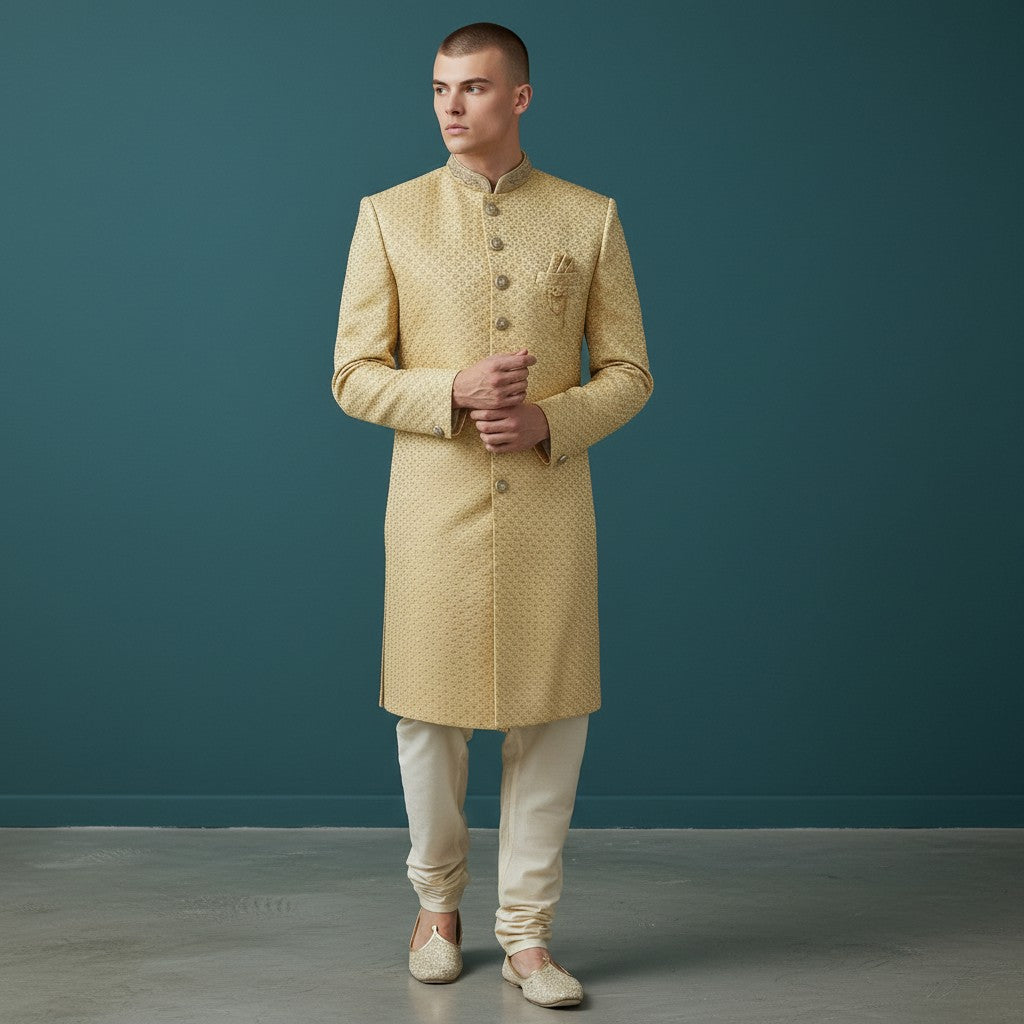 Yellow Embroidered Sherwani for Men