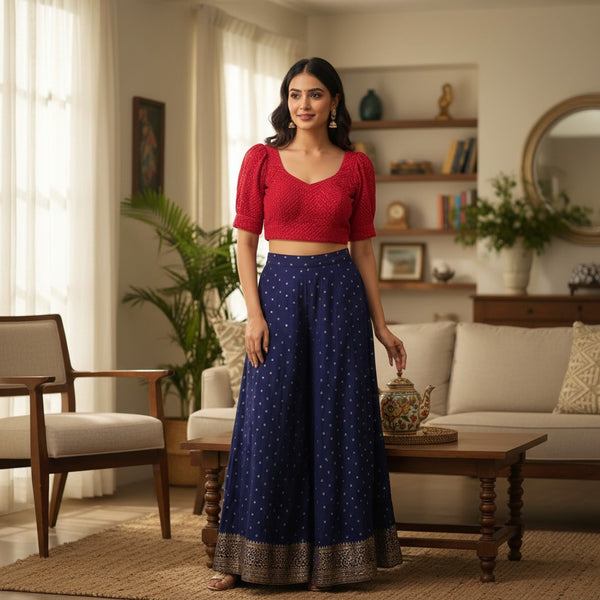 Red Chikankari Puff Sleeve Crop Blouse