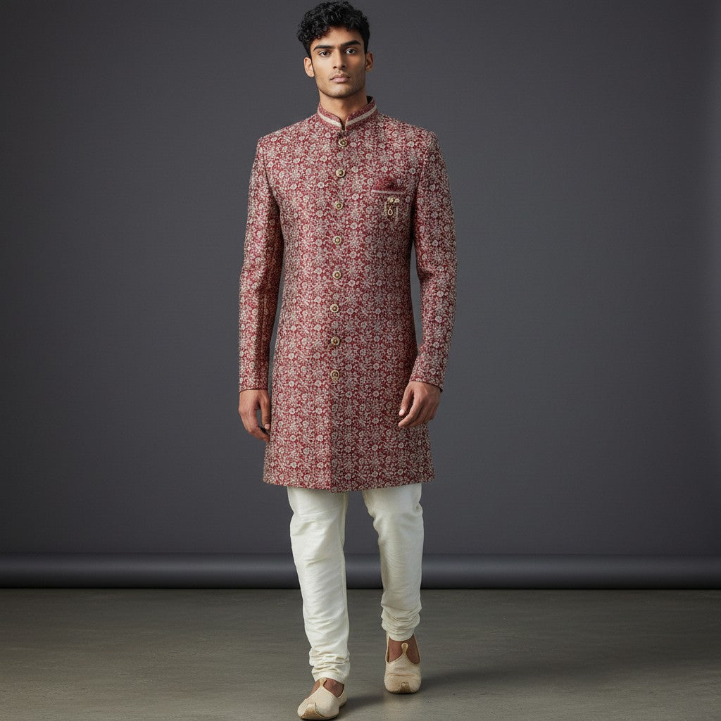 A Maroon colored Embroidered Sherwani