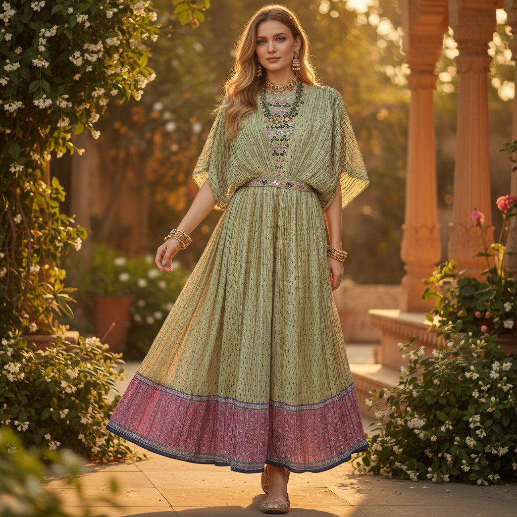 Pleated Textured Fabric with Checkered Print Accents Kurta Set