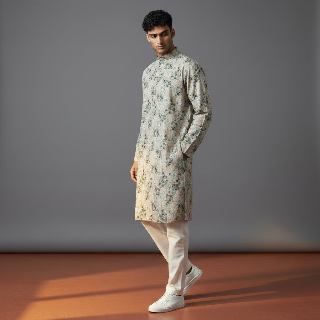 Designer Kurta for Men - Floral Print Cotton-Polyester Blend