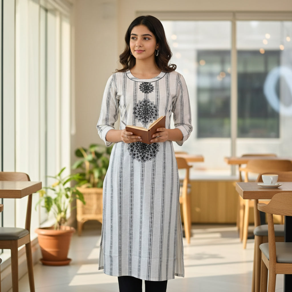 Striped Straight Kurta with Black Mandala Motifs