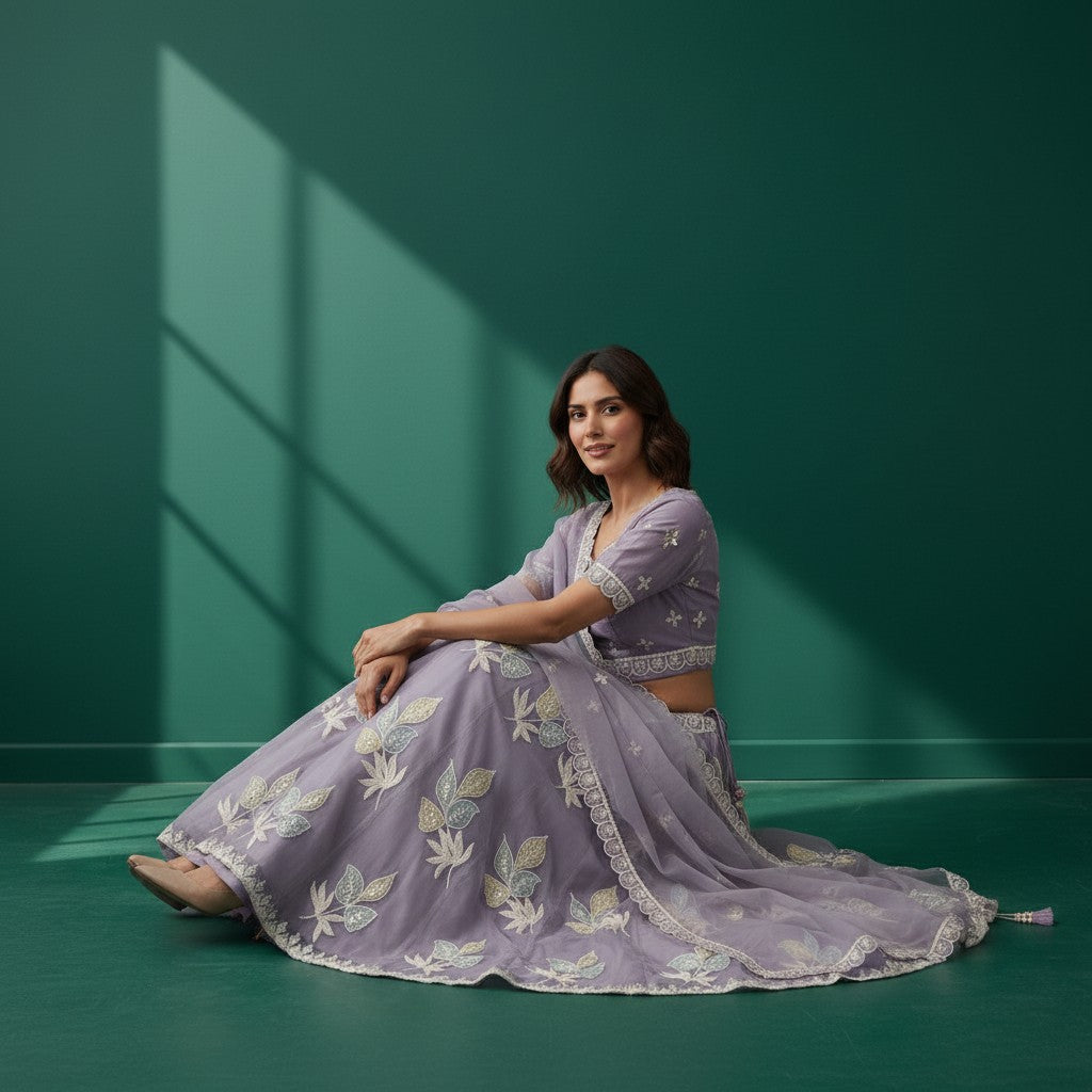 Lavender Floral Embroidered Saree with Lace Border
