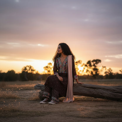 Faux Georgette Kurta Set with Deep V-neck