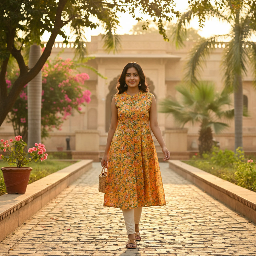 Rayon/Cotton Silk Floral Tunic Sleeveless Button-Down