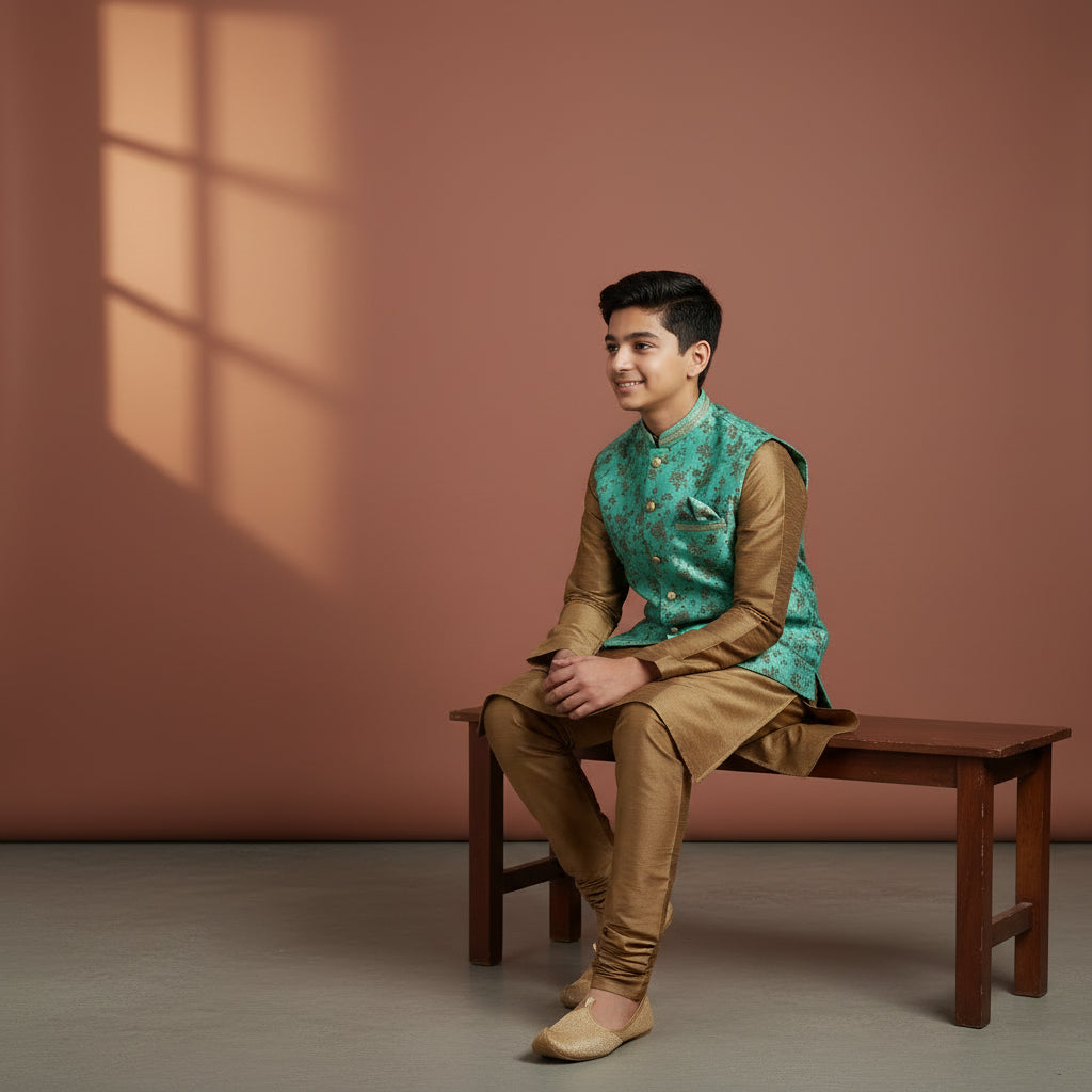 Men 3 Piece Set - Turquoise Nehru Jacket with Kurta and Churidar