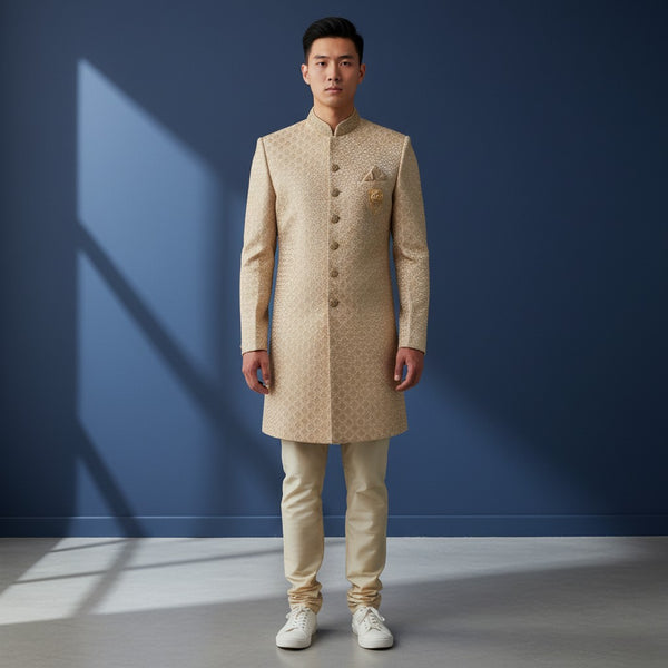 A Cream Colored Self Design Sherwani