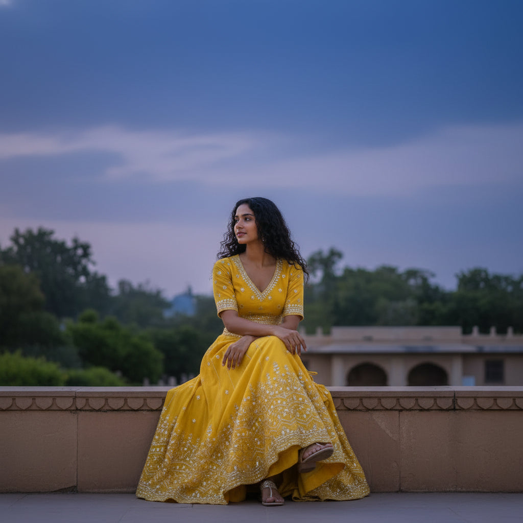 Yellow Bandhani Leheriya Set (Lehenga with Green Dupatta)