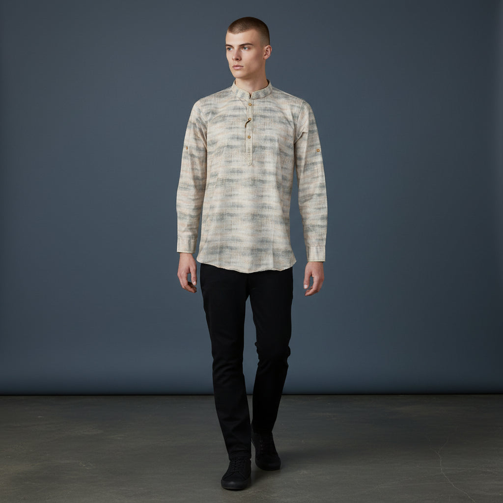 Funky Men's Band Collar Kurta - Peach Hue