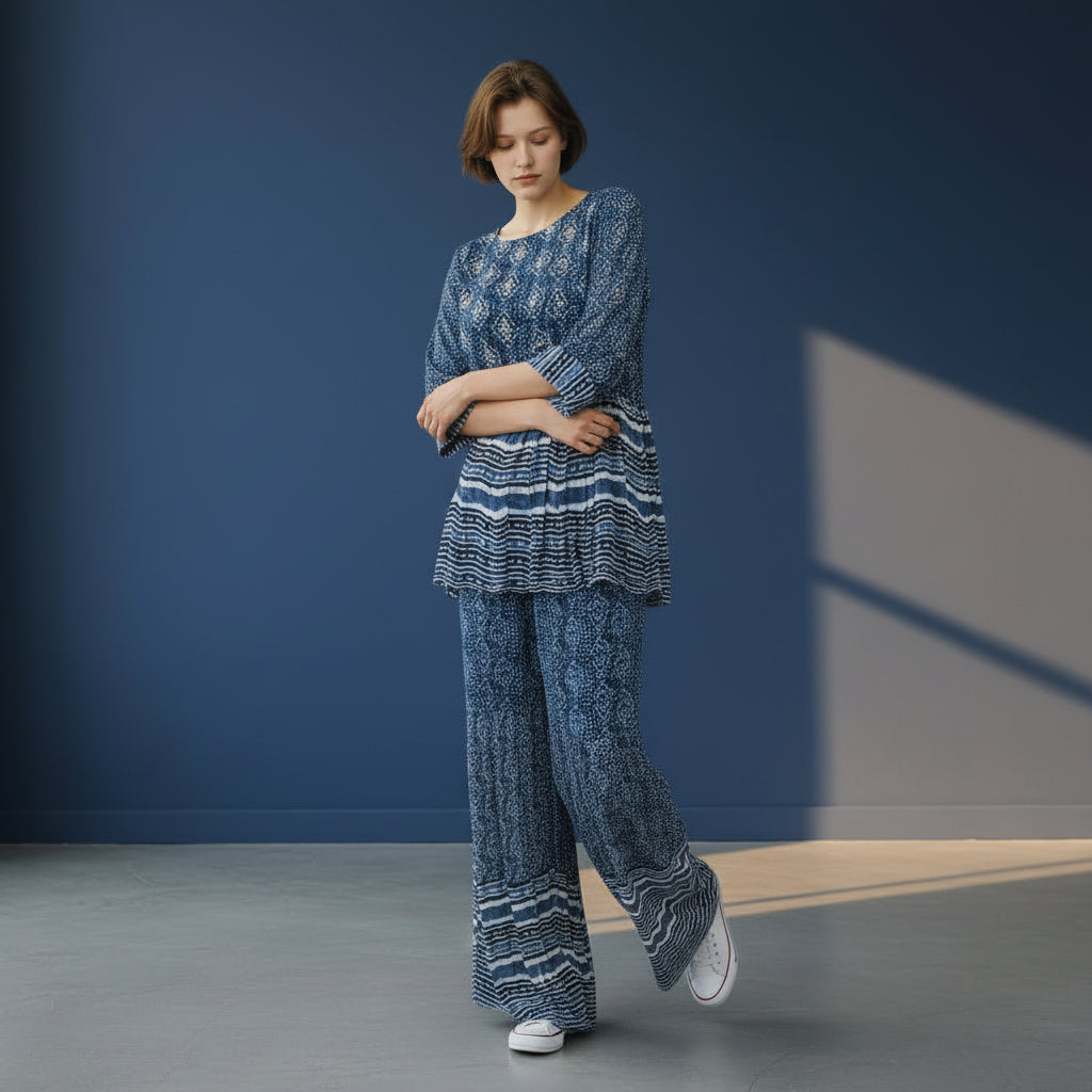 Printed Cotton Silk Blend Peplum Palazzo Set