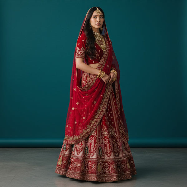 Traditional Red Velvet Lehenga with Gold Embroidery