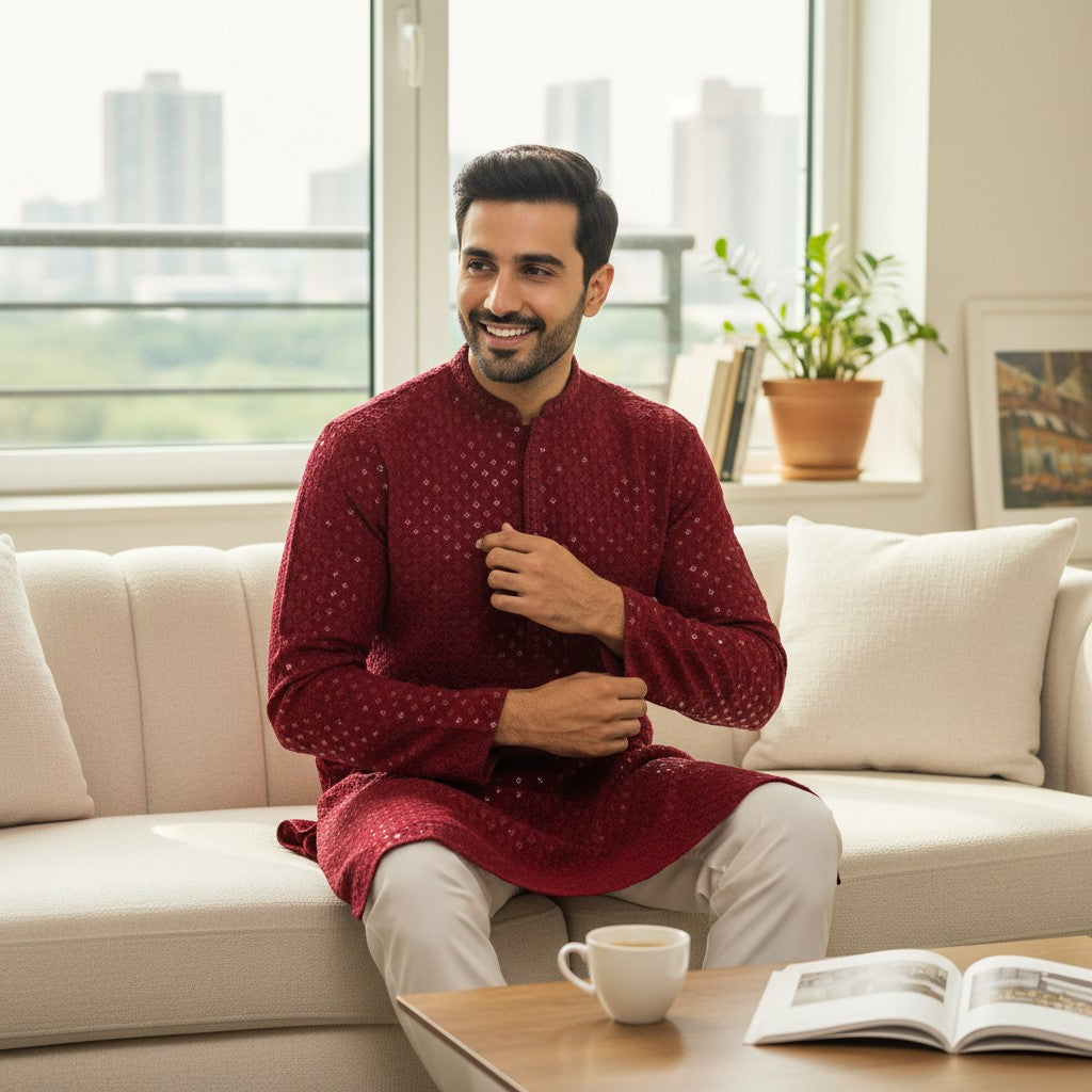 Men's Maroon Kurta Set (2 Pc)