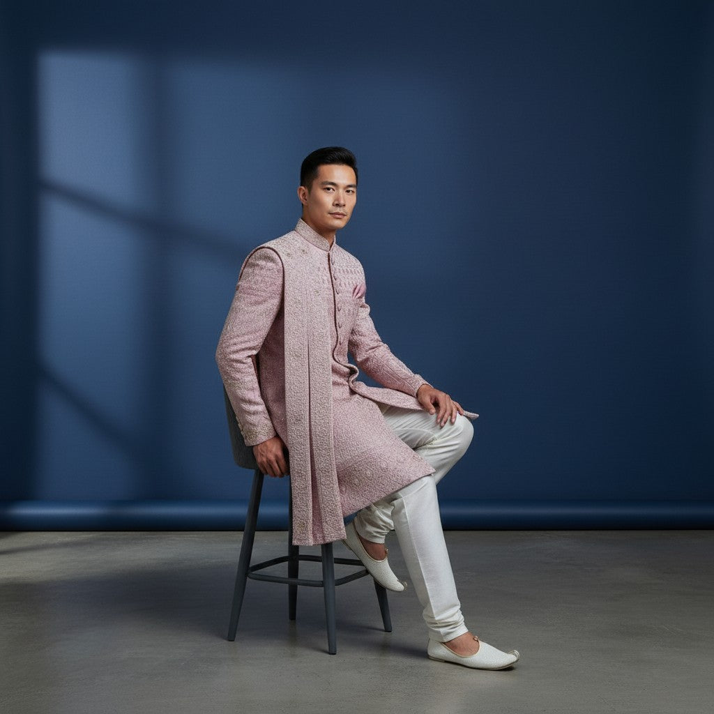 Pink Embroidered Men's Sherwani with Duppata