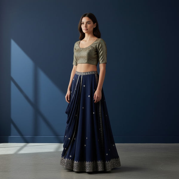 Women's Brocade Saree Blouse with Floral Zari Work and Back Tie-up