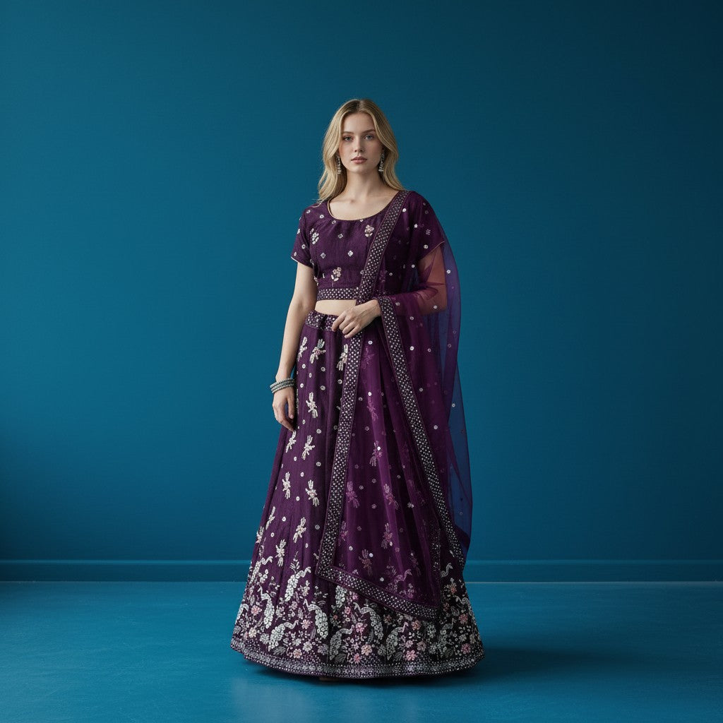 Elegant Deep Wine Floral Embroidered Lehenga with Sequin Work