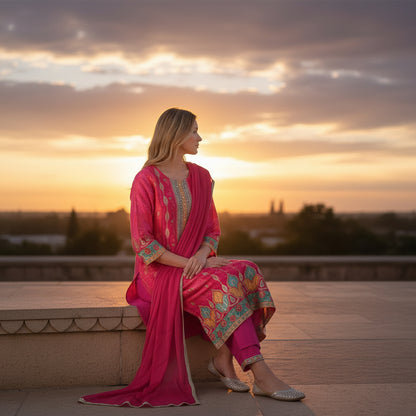 Printed Silk Kurta Set with Embroidered Yoke