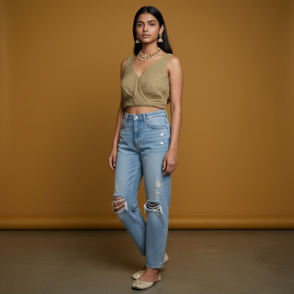 Sleeveless Crossover Wrap-Style Crinkle Blouse - Antique Gold