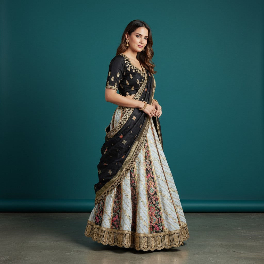 Traditional Patterned Lehenga with Black Blouse and Gold Dupatta