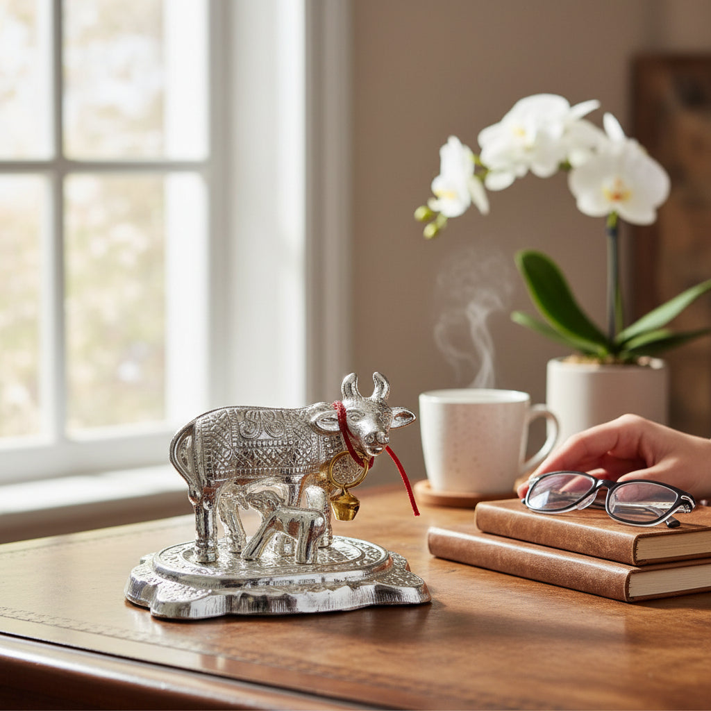 Kamdhenu Cow & Calf Silver-Plated Home Decor