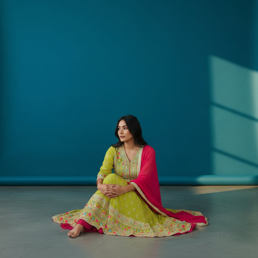 Faux Georgette Deep V-neck Kurta Set