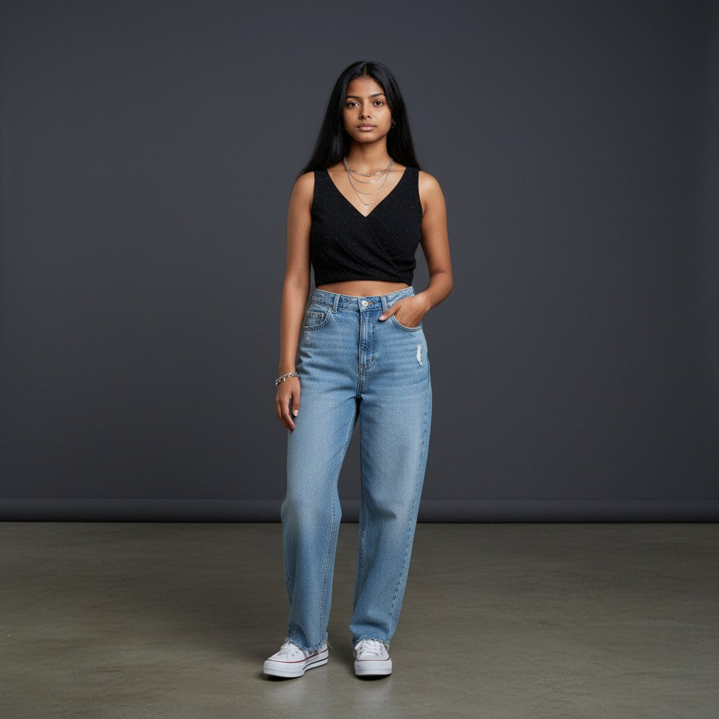 Black Ribbed Cropped Blouse