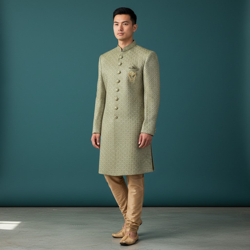 Green Embroidered Sherwani Kurta Set for Men