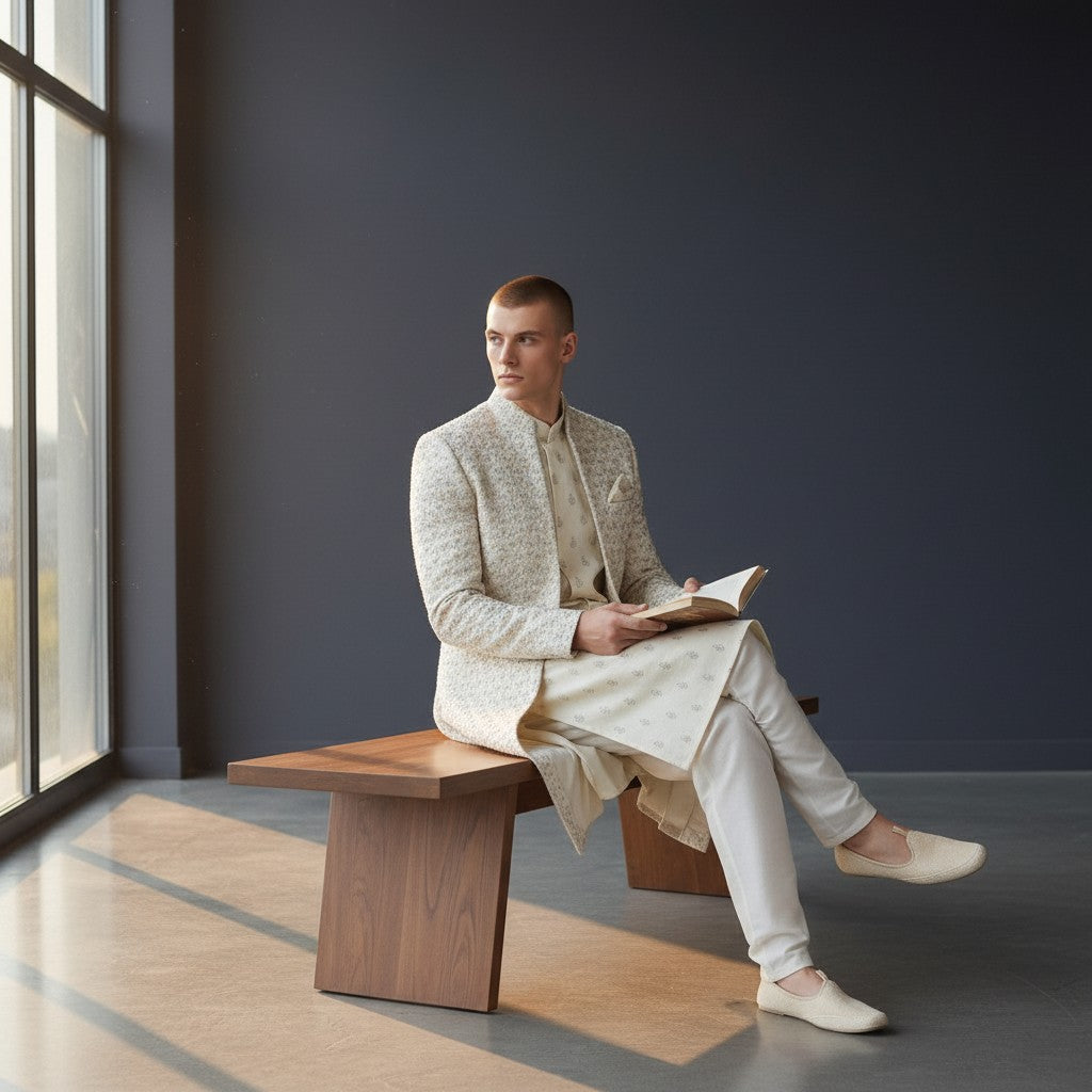 A Cream Self Design Open Jacket Sherwani