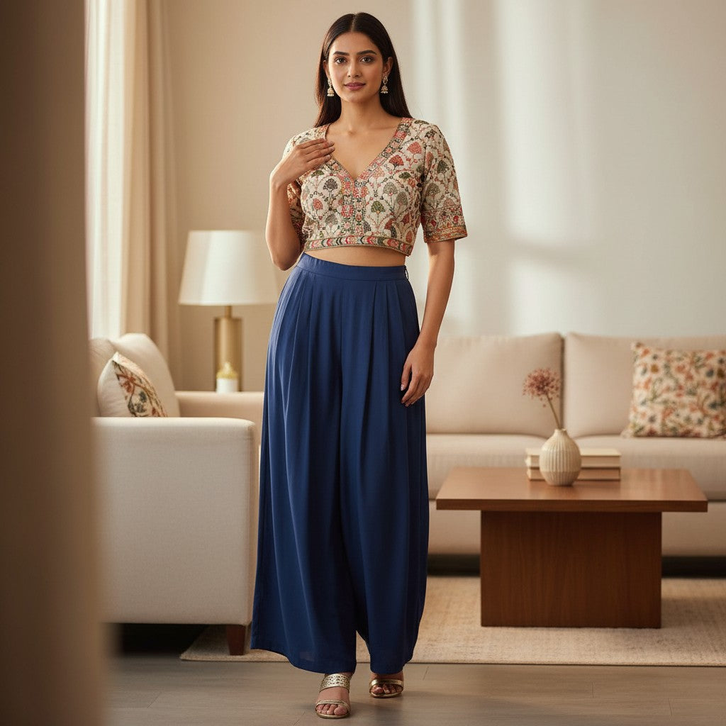 Floral Embroidered Cream Blouse with Deep V-Neck