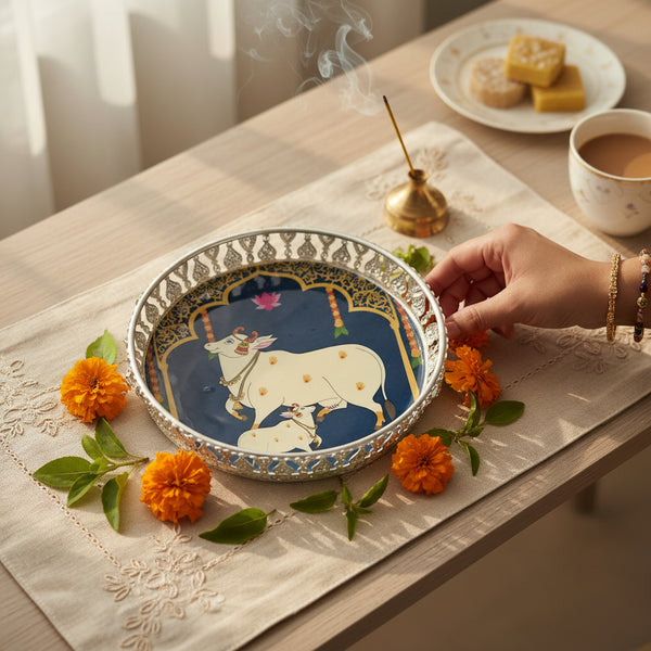 German Silver Pichwai Tray for Return Gift Set for Pooja, Dry Fruits, Wedding Return Gift, Housewarming, Diwali, Dining Table & Shelf Decor