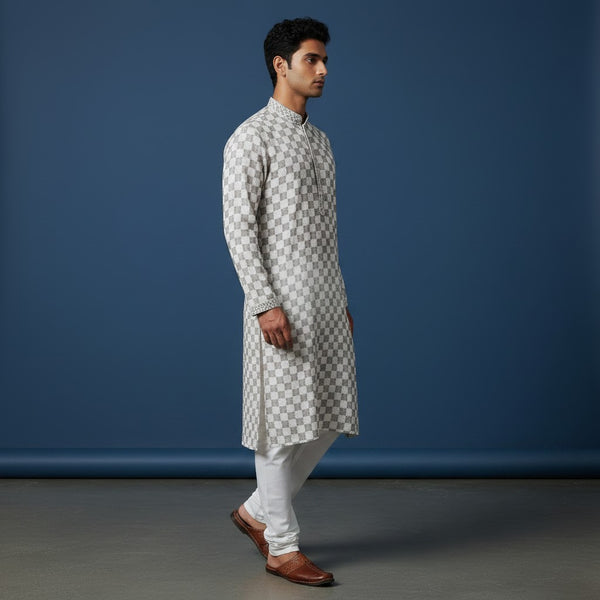 Chikankari Embroidered Sequinned Kurta Set for Men Off White Cotton