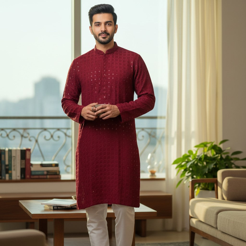 Chikankari Embroidered Sequinned Kurta Set Maroon