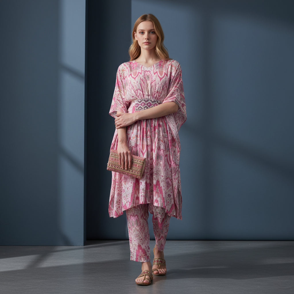 Chiffon Ikat-print Kaftan Top Trousers