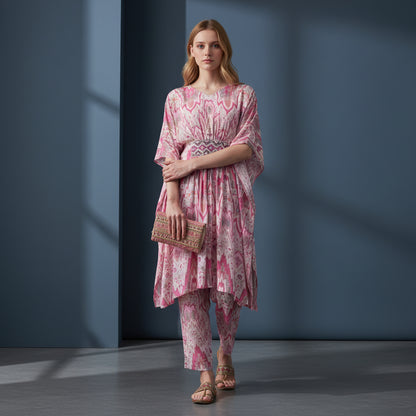 Chiffon Ikat-print Kaftan Top Trousers