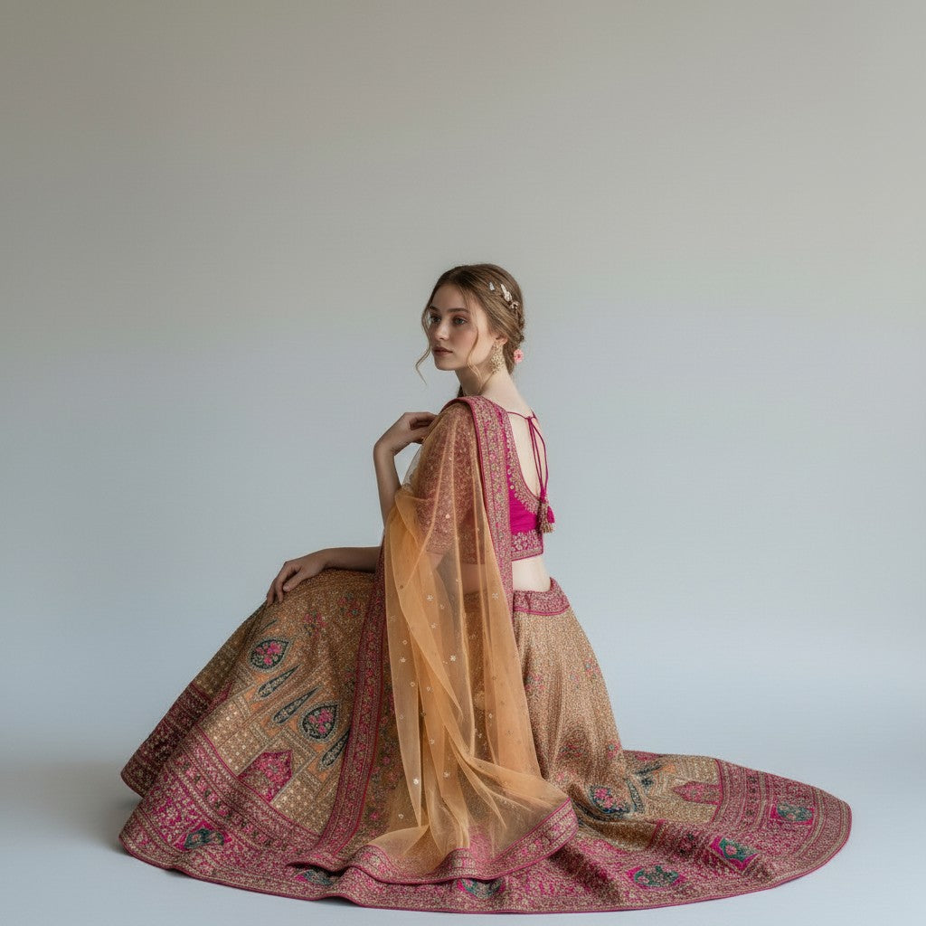 Heavy Designer Bridal Lehenga with Velvet Patchwork and Magenta Dupatta