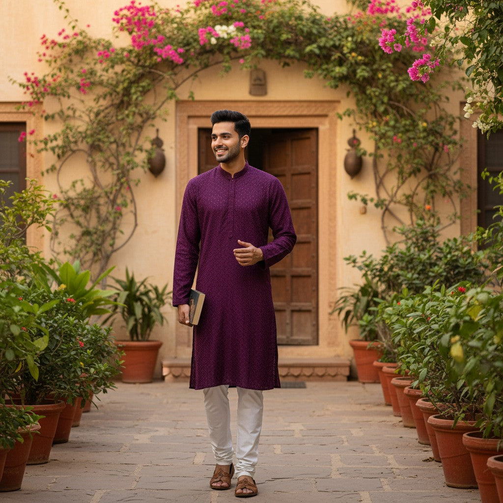 Men's Purple Kurta Set with Kuttu Borders