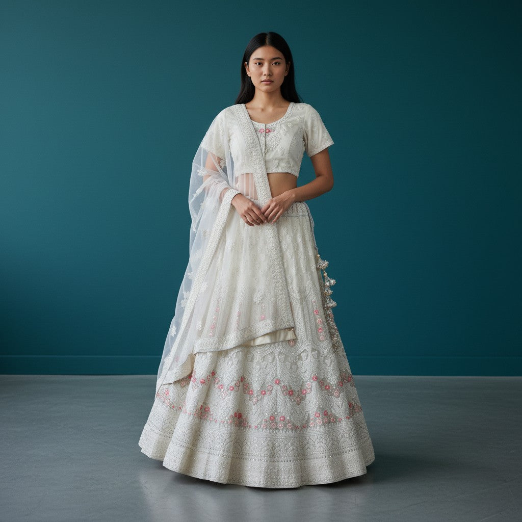 Off-White Ethnic Ghagra Choli Set with Pink and Gold Floral Embroidery and Net Overlay Work