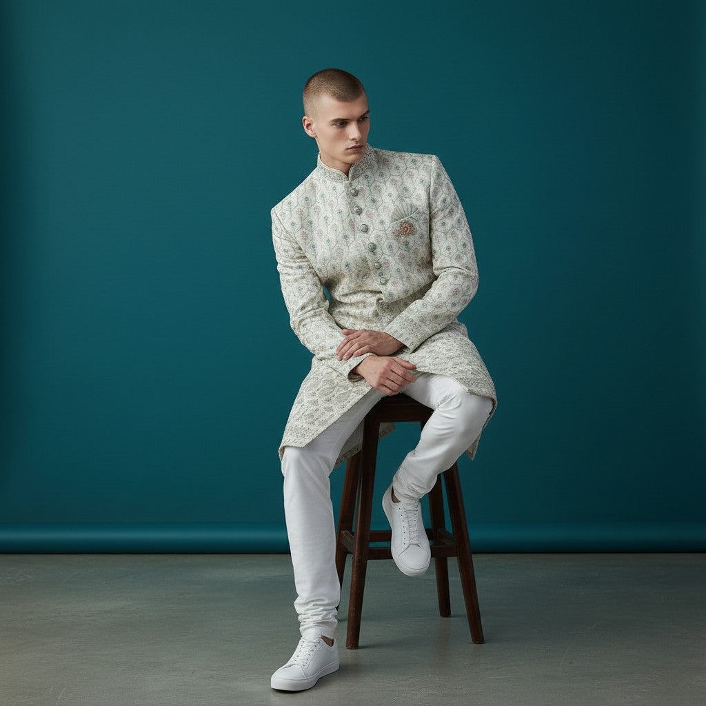 A Cream Colored Self Design Sherwani