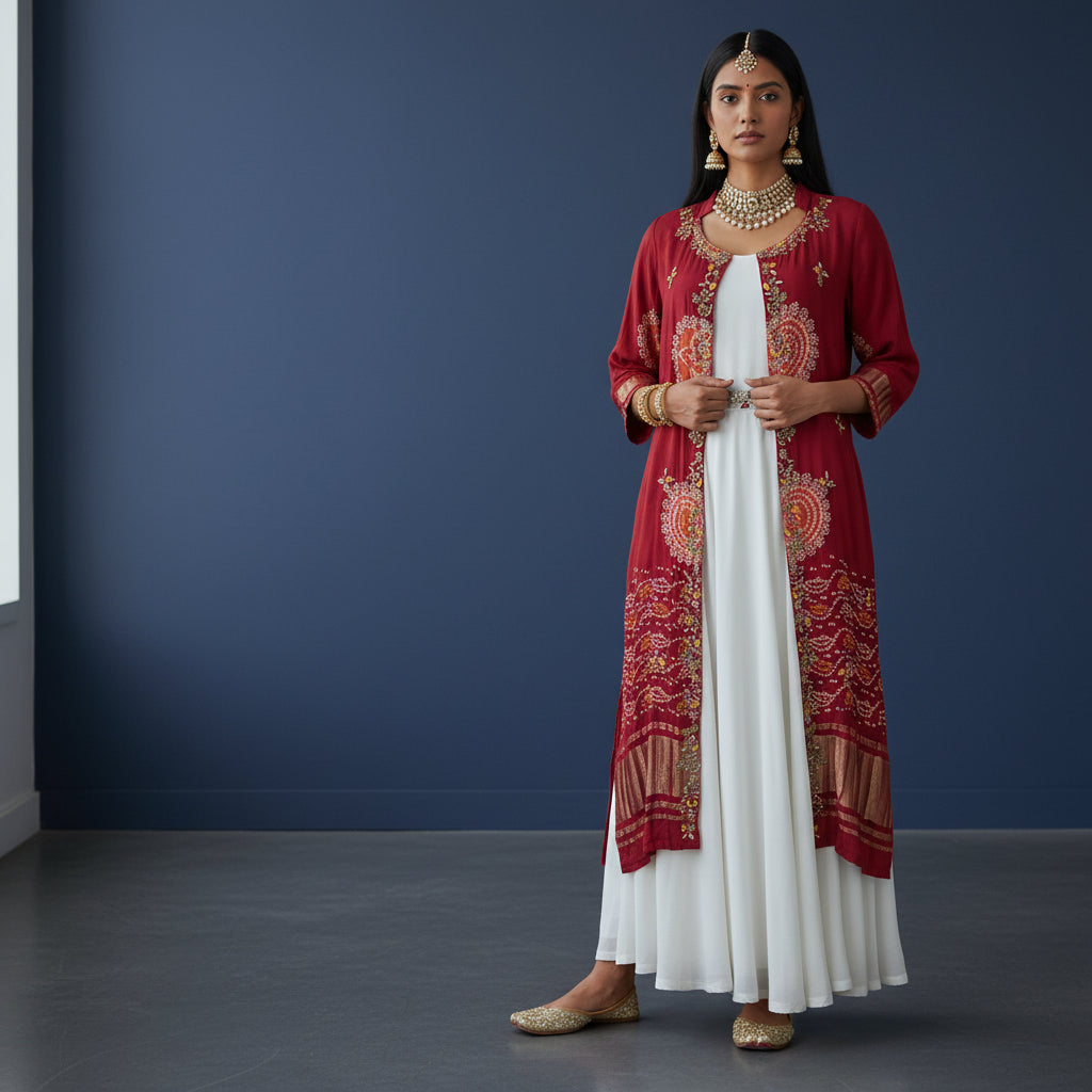 Silk Blend Layered Set Long Dress with Bandhani-Print Jacket