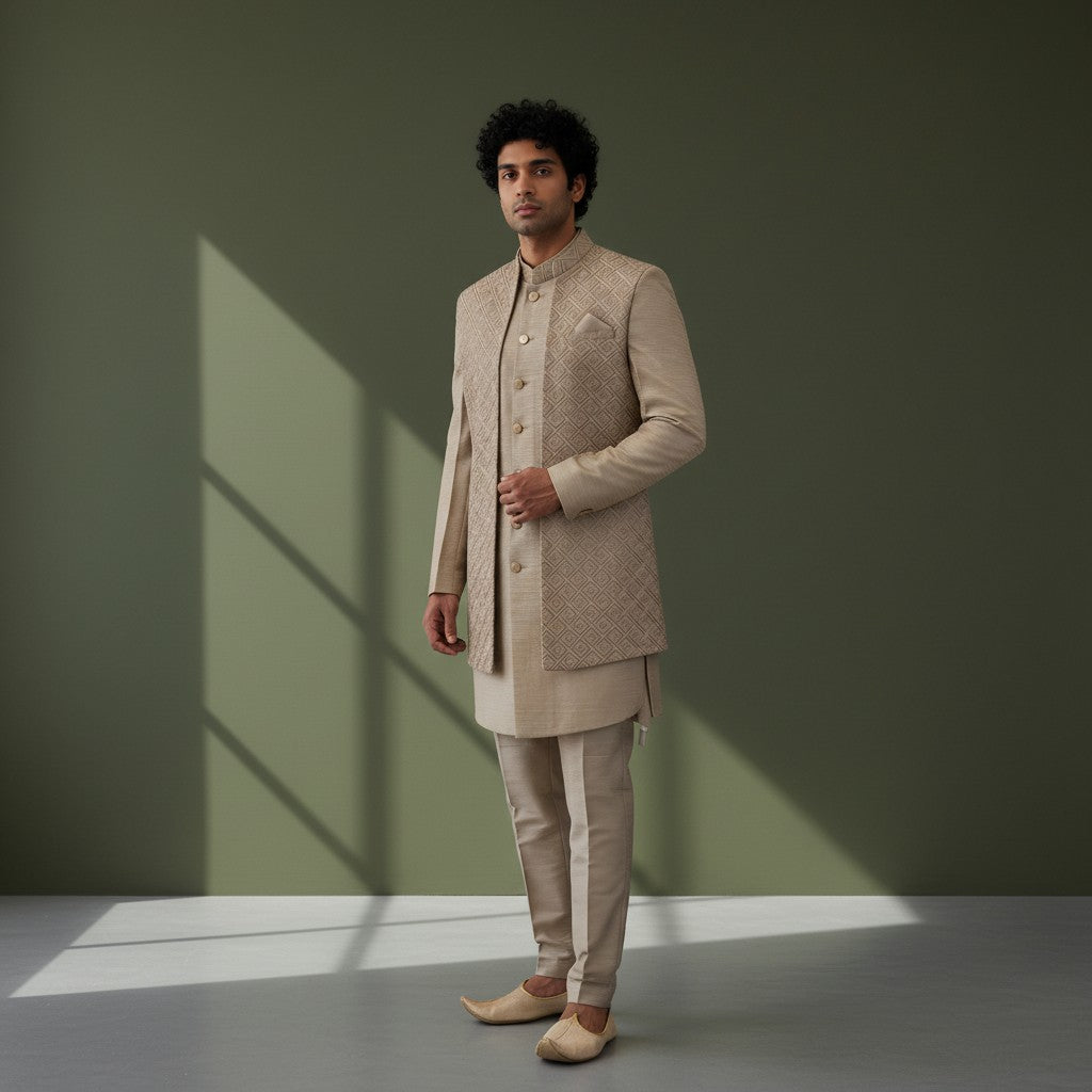Beige Tailored Textured Jacket for Men