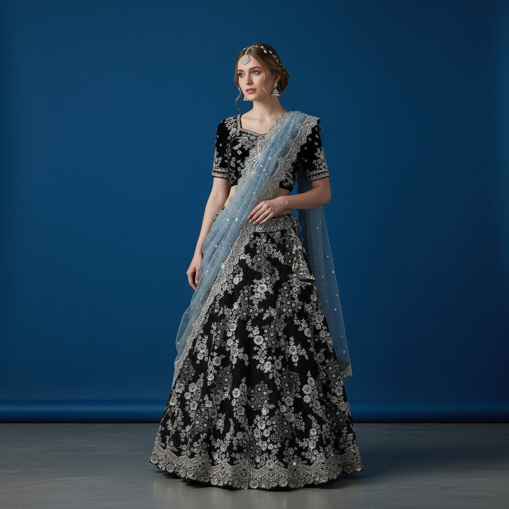Black & Silver Embroidered Velvet Lehenga with Blue Choli and Dupatta