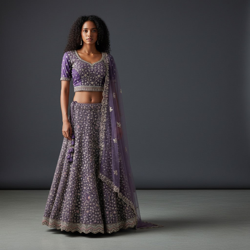 Deep Purple Silver Sequin Floral Lehenga Set with Net Dupatta