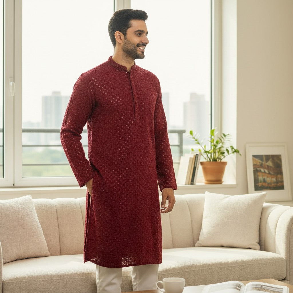 Men's Maroon Kurta Set (2 Pc)