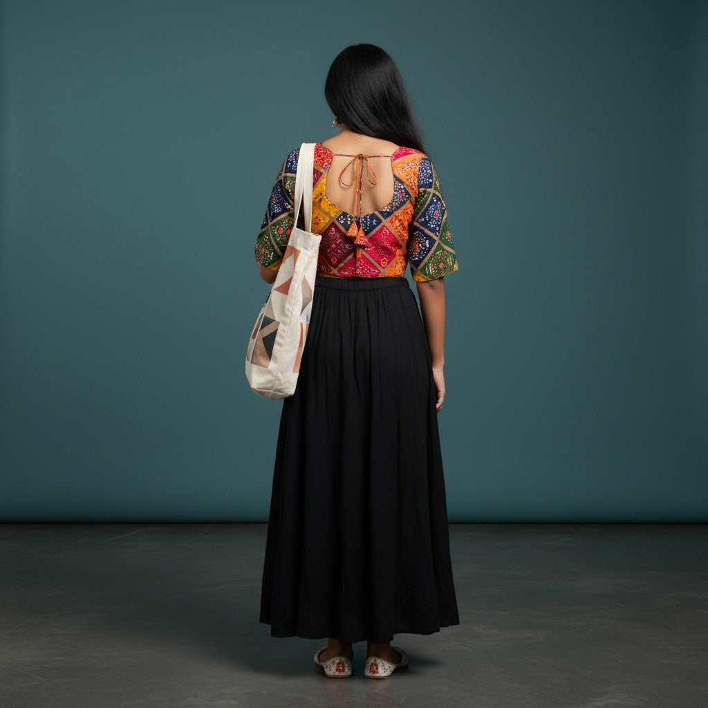 Geometric Bandhani Print Blouse with Orange Lining and Bold Red, Navy, Orange Patches