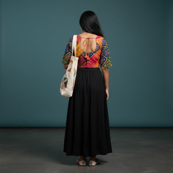 Geometric Bandhani Print Blouse with Orange Lining and Bold Red, Navy, Orange Patches