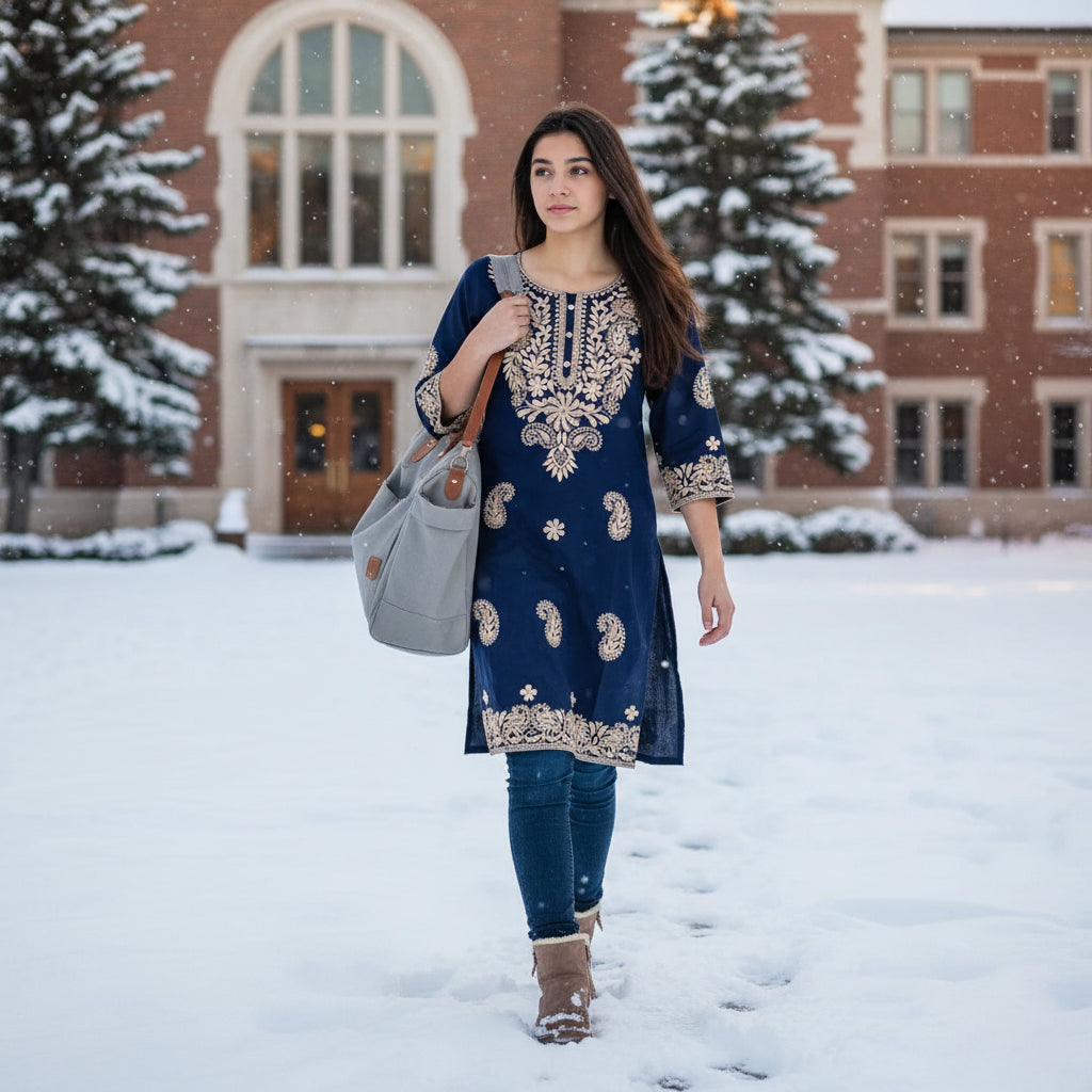 Blue Embroidered Kurta - Elegant straight kurta with heavy ivory thread work (Lucknowi style) on the yoke and paisley motifs on the lower half