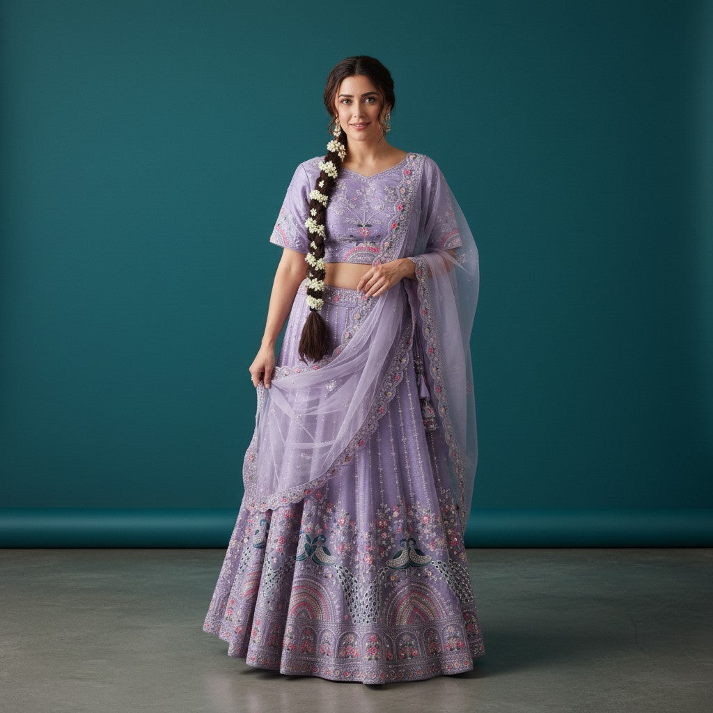 Lilac Organza Net Embroidered Lehenga Choli with Dupatta