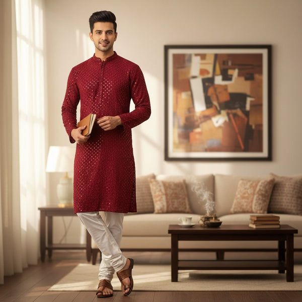 Men's Maroon Kurta Set (2 Pc)