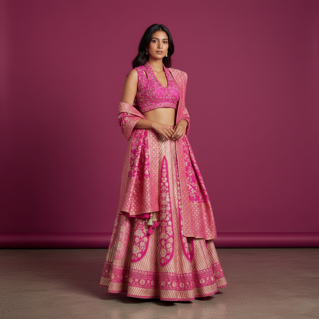 Elegant Banarasi-style Lehenga with Chevron Patterns and Floral Borders