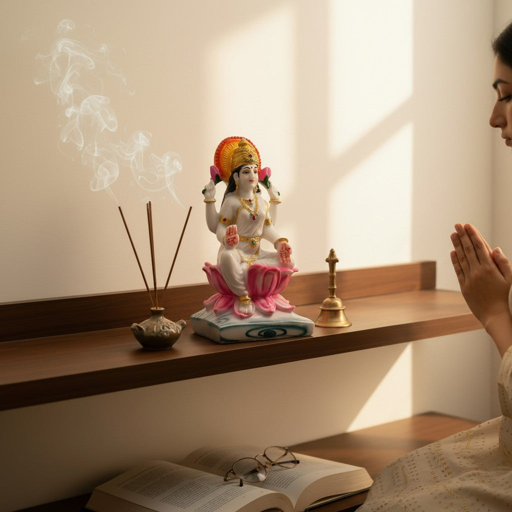 Laxmi Mata Idol on Wooden Shelf