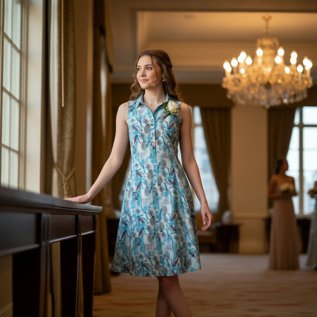 Sleeveless button-down midi dress with collared neck and abstract floral/watercolor print